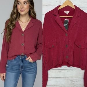Blumin Red Ribbed Button Front Collared Knit Top Long Sleeve Women’s Size L